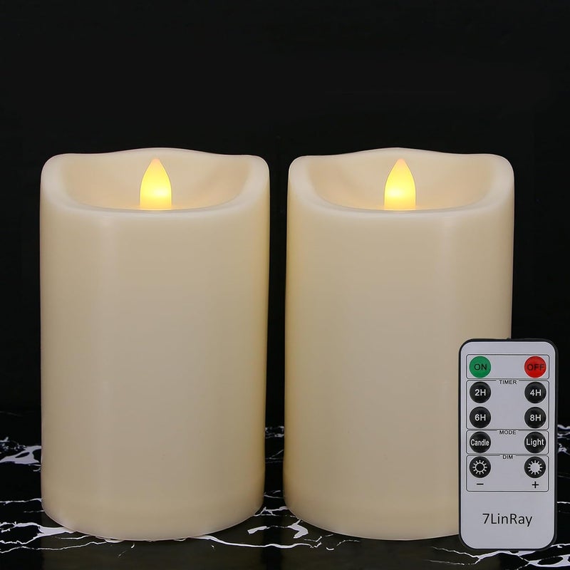 7LinRay Store Waterproof Outdoor Flameless Candles with Remote and Timers, 1000 Hours Battery Operated Large LED Flickering Pillar Candles, Ivory Plastic, Set of 2 (D 4" x H 6") - Image 1